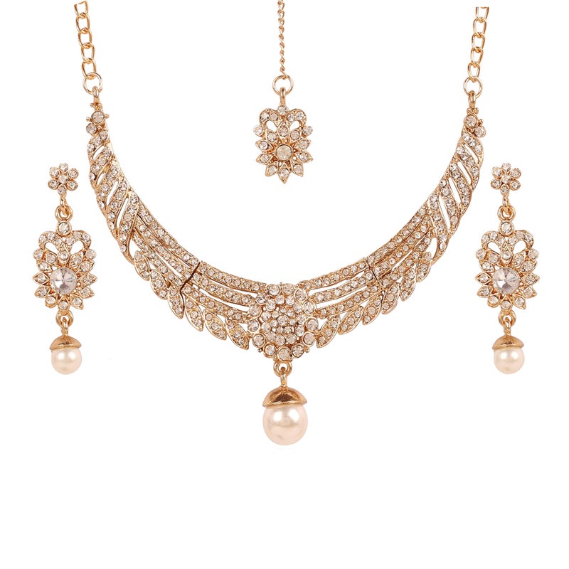 Touchstone Indian gold jewelry sets for women bollywood wedding guest desi chunky necklace maang tikka set pearl bridal artificial simple formal outfits white rhinestone accessories - Image 1